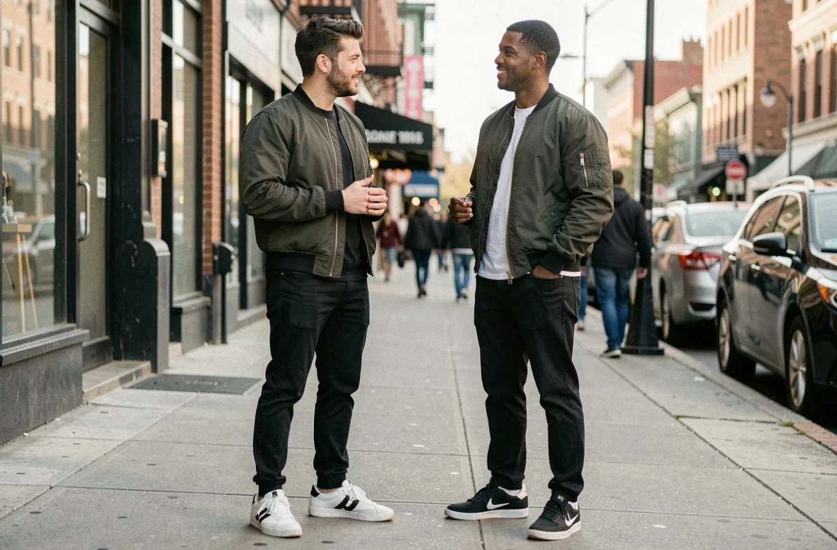 Deux hommes c&ocirc;te &agrave; c&ocirc;te sur un trottoir urbain, l'un nettement plus grand que l'autre, illustrant la comparaison de taille et de mensurations dans un contexte de rue authentique