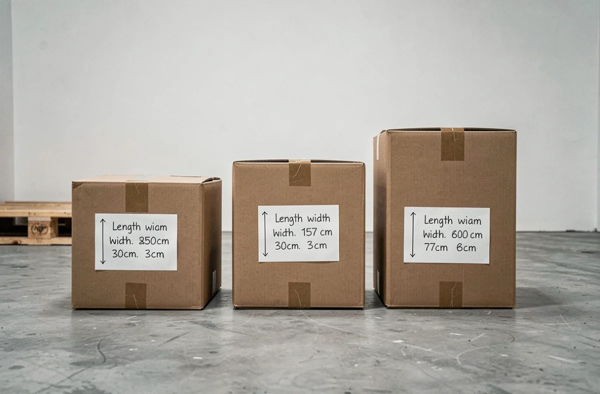 Trois colis carton de tailles différentes posés côte à côte avec étiquettes de dimensions en centimètres, illustrant les gabarits acceptés par Mondial Relay