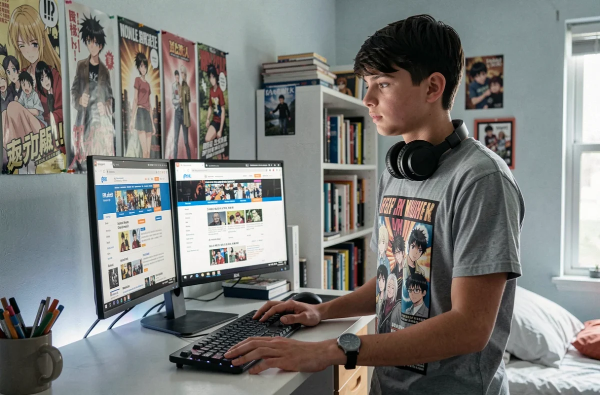 Adolescent comparant des sites l&eacute;gaux d'abonnement manga sur un &eacute;cran d'ordinateur dans sa chambre
