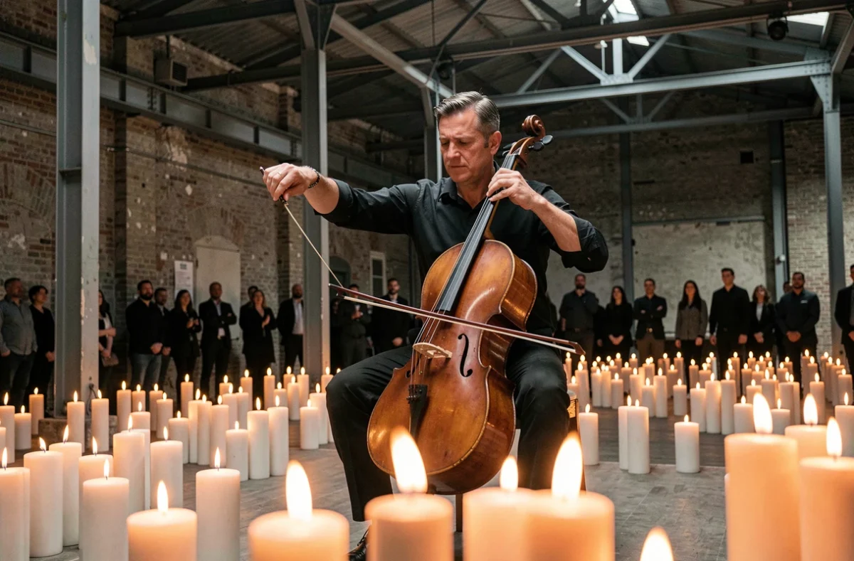 Musicien jouant du violoncelle entouré de bougies blanches sur scène lors d'un concert candlelight de musiques de films dans un entrepôt industriel