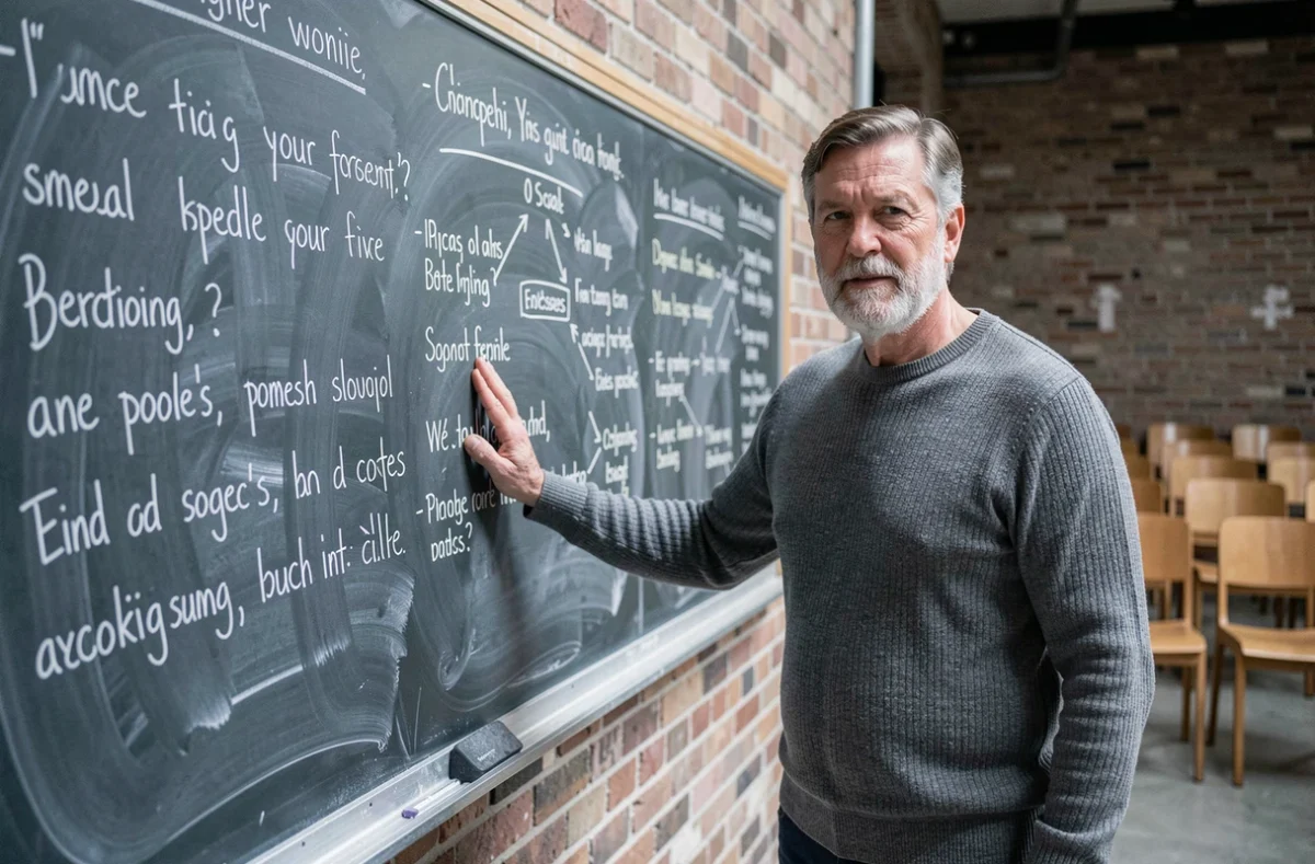 Conf&eacute;rencier devant un tableau noir couvert de citations philosophiques dans une salle de s&eacute;minaire, illustrant l'influence d'Emerson sur le d&eacute;veloppement personnel moderne