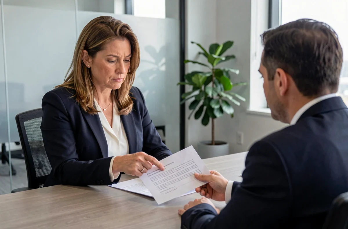 Femme pr&eacute;sentant calmement un document imprim&eacute; lors d'une r&eacute;union, illustrant la confrontation factuelle sans &eacute;motion