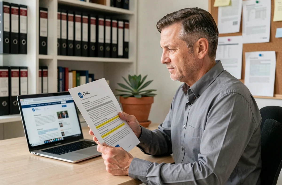 Homme consultant un document officiel de la CNIL sur la réglementation des appels commerciaux dans un bureau
