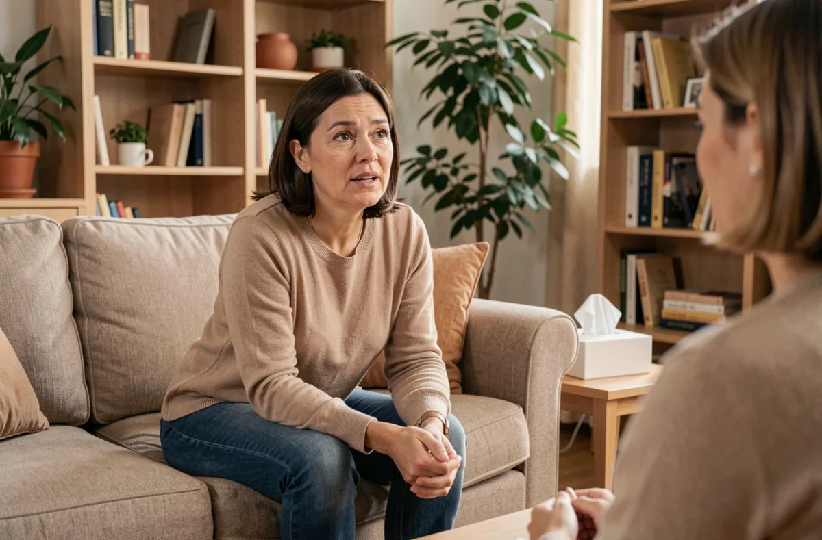 Femme en consultation chez un th&eacute;rapeute dans un cabinet chaleureux, illustrant la consultation d'un professionnel de sant&eacute; mentale