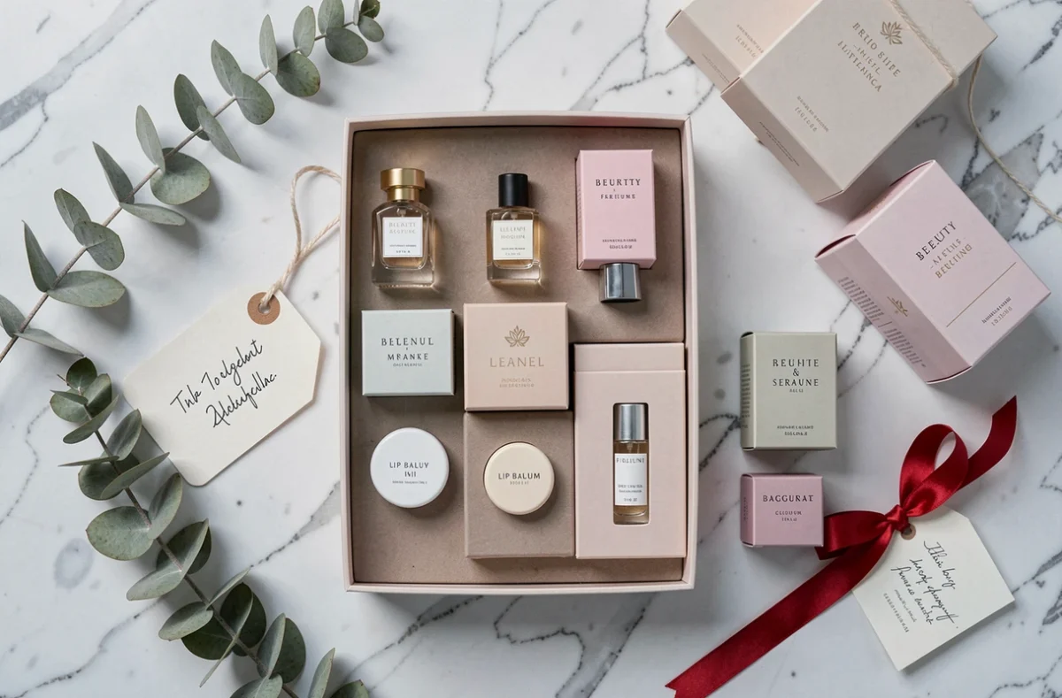 Contenu du calendrier de l'Avent Hugo Romance disposé en flat lay sur marbre blanc avec des produits de beauté miniatures