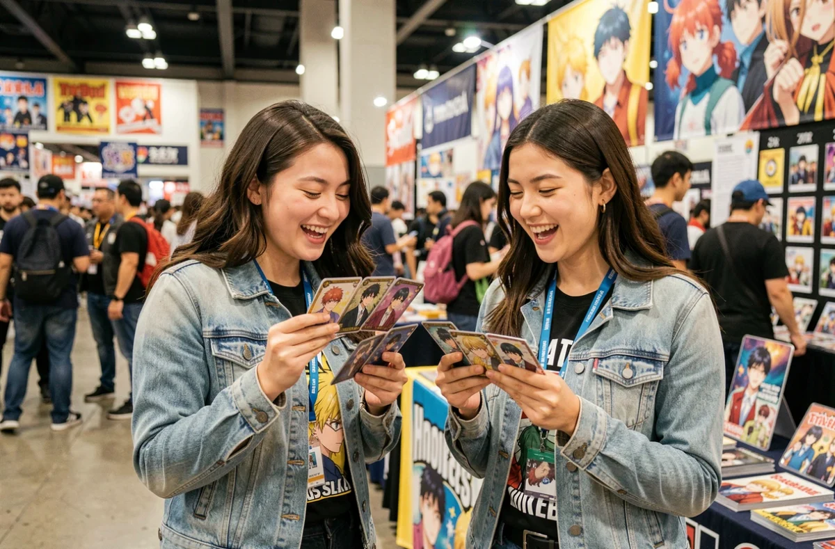 Deux fans d'anime comparant des cartes à collectionner de husbandos lors d'une convention manga en France
