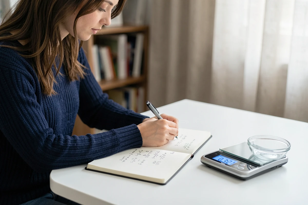 Jeune femme calculant la conversion de la libra en kilogrammes et grammes dans un bureau minimaliste avec balance num&eacute;rique et cahier de notes