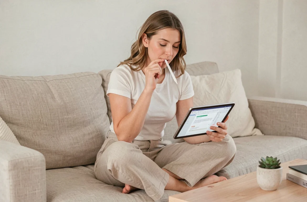 Jeune femme r&eacute;visant un texte sur tablette avec une application de correction orthographique dans un salon minimaliste