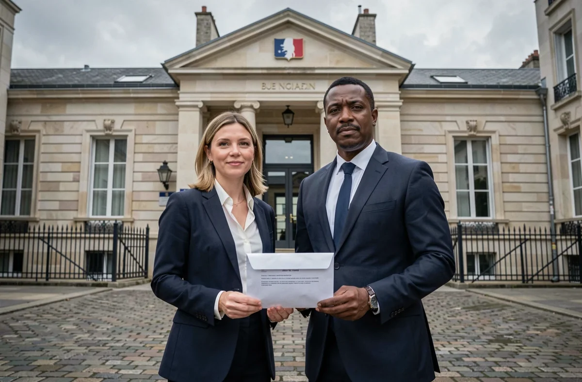 Couple franco-maghr&eacute;bin devant l'ambassade fran&ccedil;aise &agrave; l'&eacute;tranger apr&egrave;s d&eacute;p&ocirc;t du dossier de naturalisation