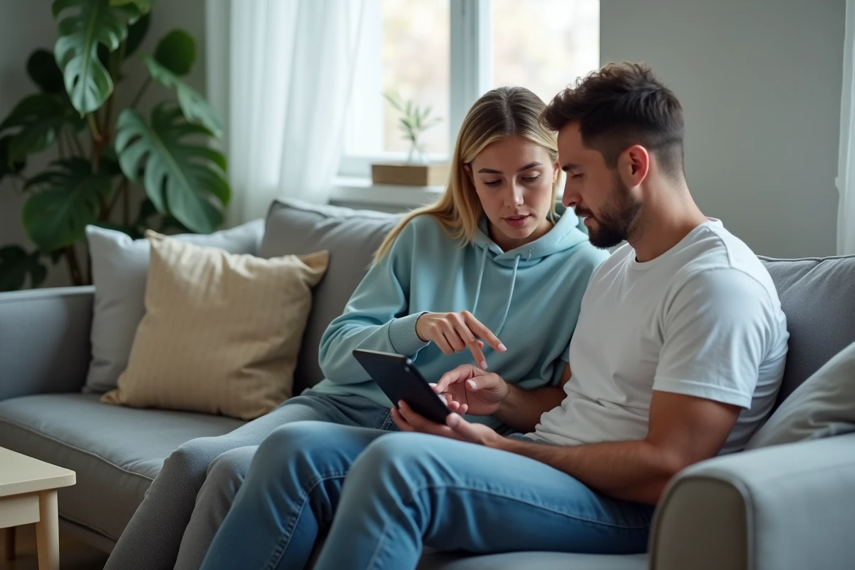 Couple consultant une alerte de blocage de compte sur tablette dans un salon, cherchant de l'aide sur une plateforme de petites annonces