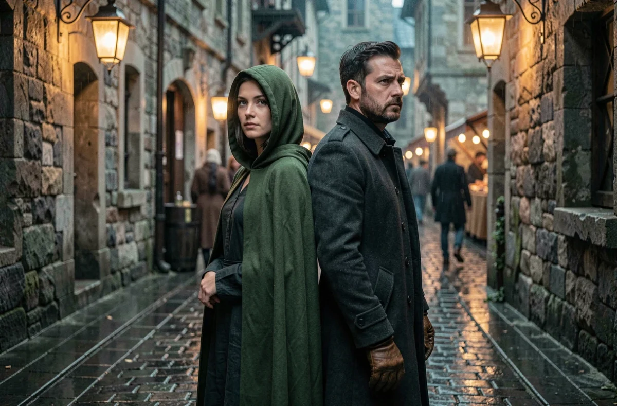 Un homme et une femme dos à dos dans une ruelle pavée mouillée en tenues fantastiques médiévales, expressions ambiguës entre méfiance et attirance — couple enemies to lovers en romantasy
