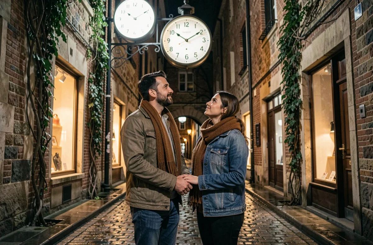 Couple de flammes jumelles regardant une horloge de rue affichant 23h23 dans une ruelle pavée nocturne