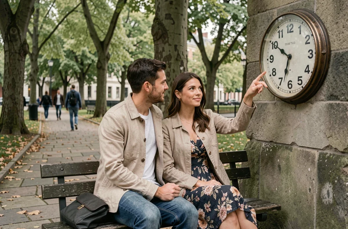 Couple regardant une horloge indiquant 18h18 dans un parc urbain lors d'une promenade romantique