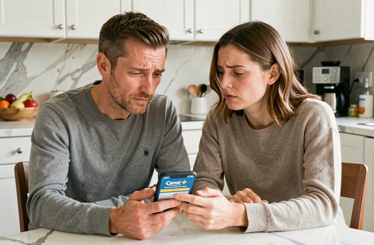 Couple lisant les conditions d'une offre Canal+ sur un smartphone dans une cuisine moderne