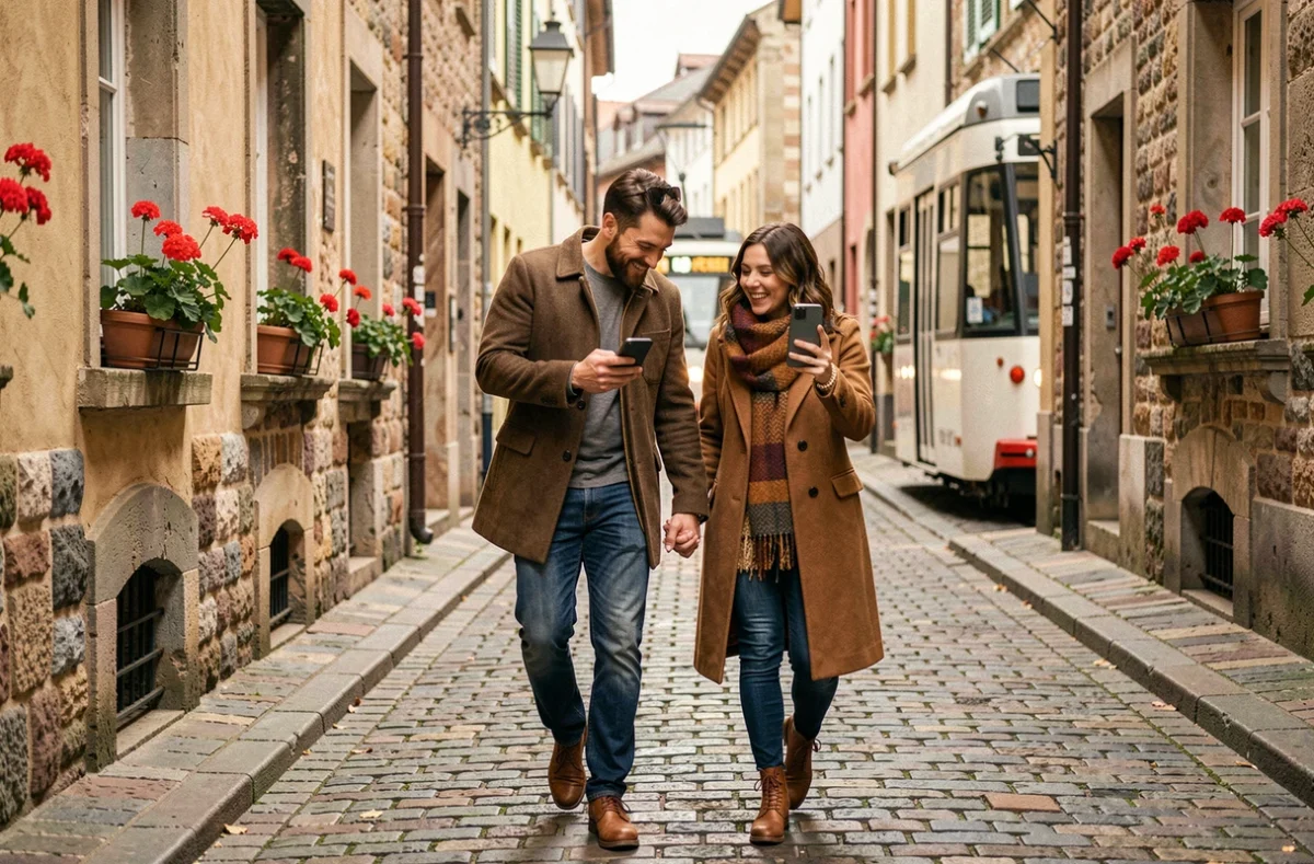 Couple complice partageant un message emoji romantique sur smartphone lors d'une promenade dans une rue pavée européenne en automne