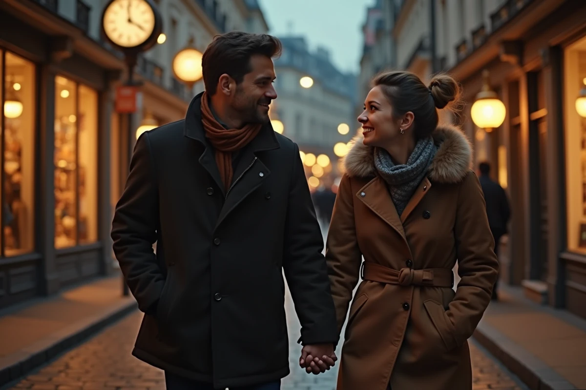 Couple se promenant en ville la nuit devant une horloge affichant 21h21, symbolisant la synchronicité amoureuse et les signes du destin