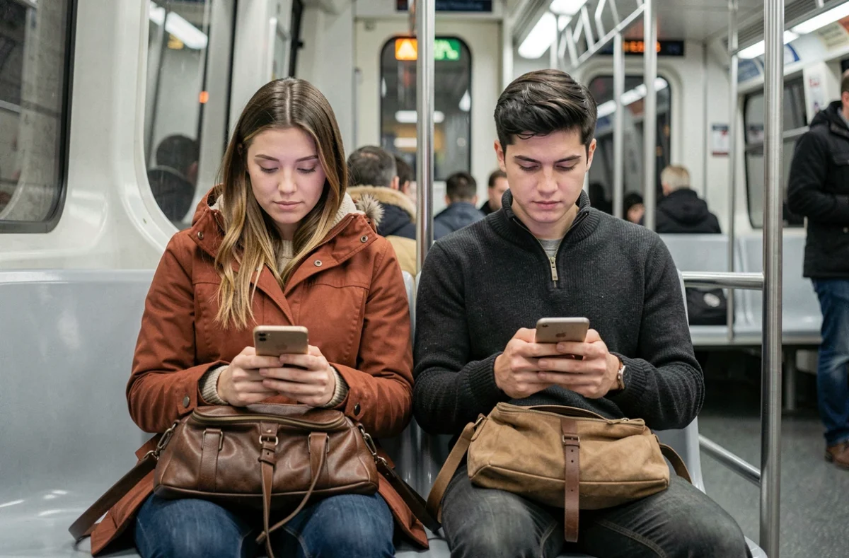 Deux jeunes professionnels consultant leur t&eacute;l&eacute;phone &agrave; bord d'une rame de la ligne 6 pendant leur trajet domicile-travail