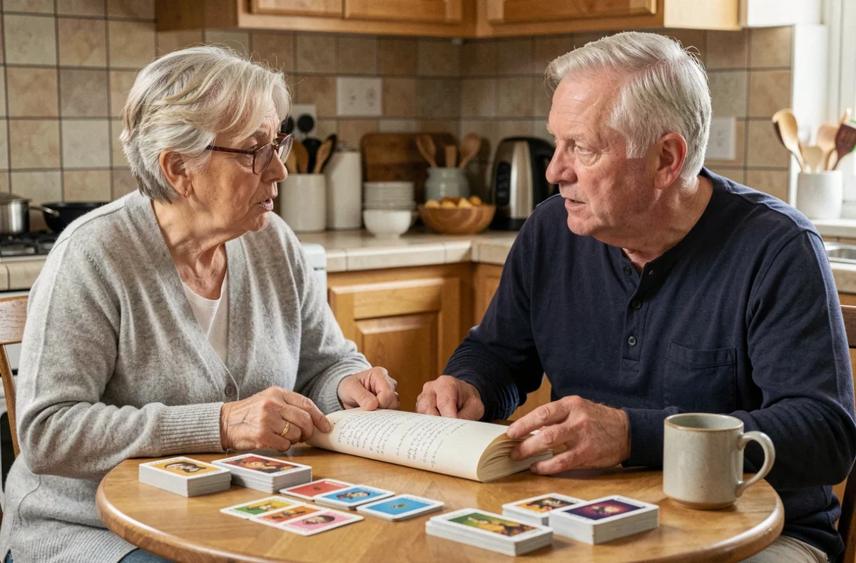 Couple de seniors en train de discuter des r&egrave;gles de la crapette autour d'une table de cuisine avec un livret de r&egrave;gles manuscrit et une pioche centrale en jeu