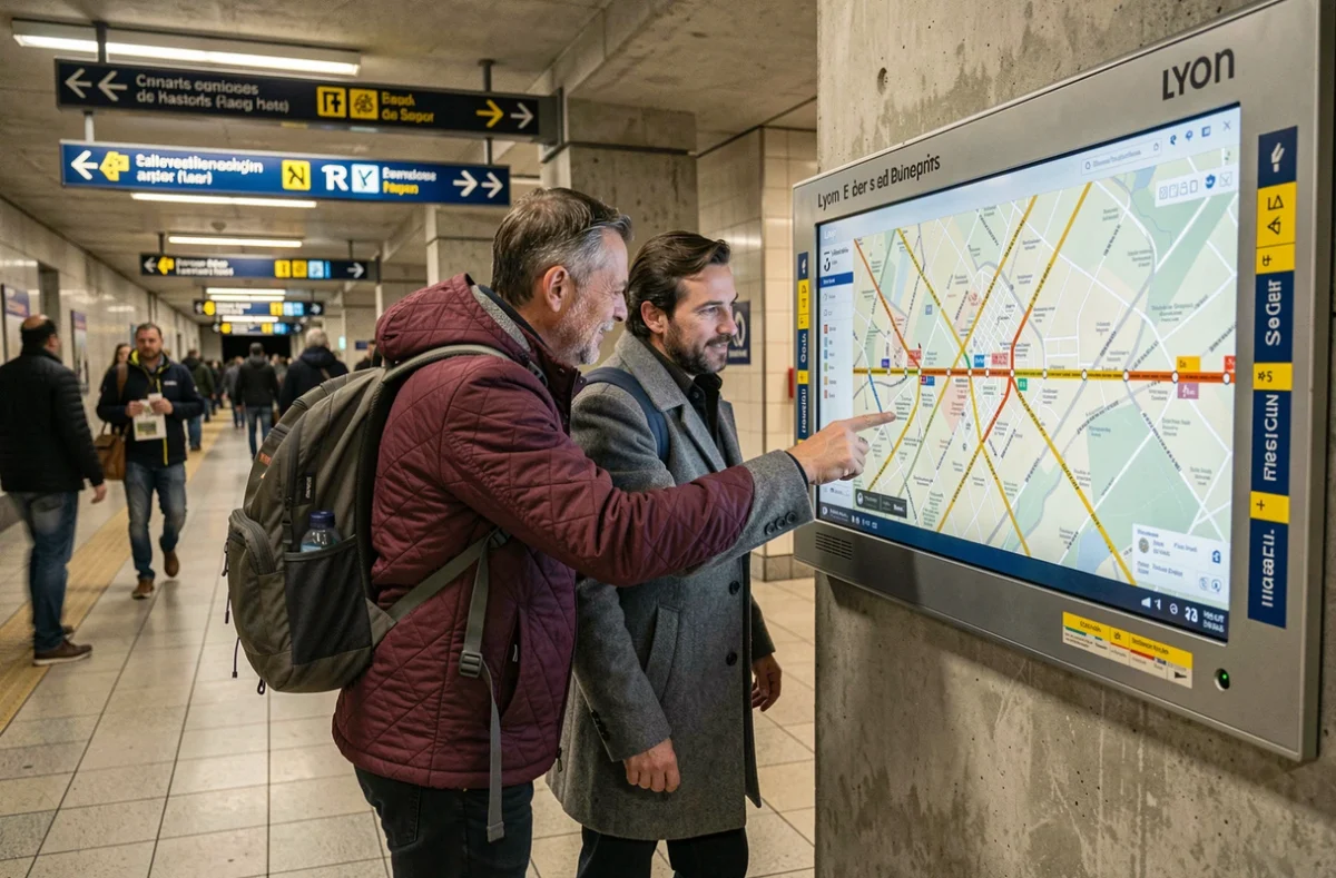 Couple de touristes consultant un plan de m&eacute;tro num&eacute;rique dans un couloir de correspondance du m&eacute;tro de Lyon