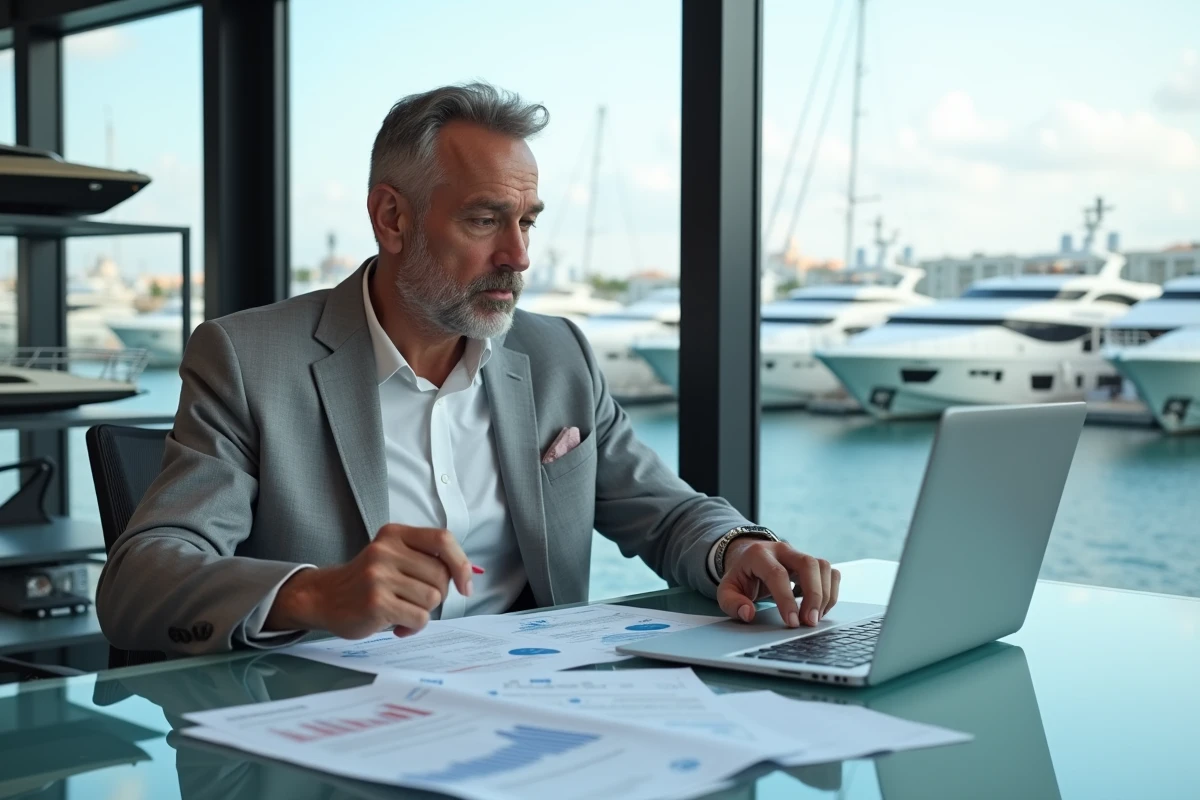 Consultant financier analysant les coûts cachés et les dépenses d'un yacht de luxe dans un bureau de marina avec vue sur le port
