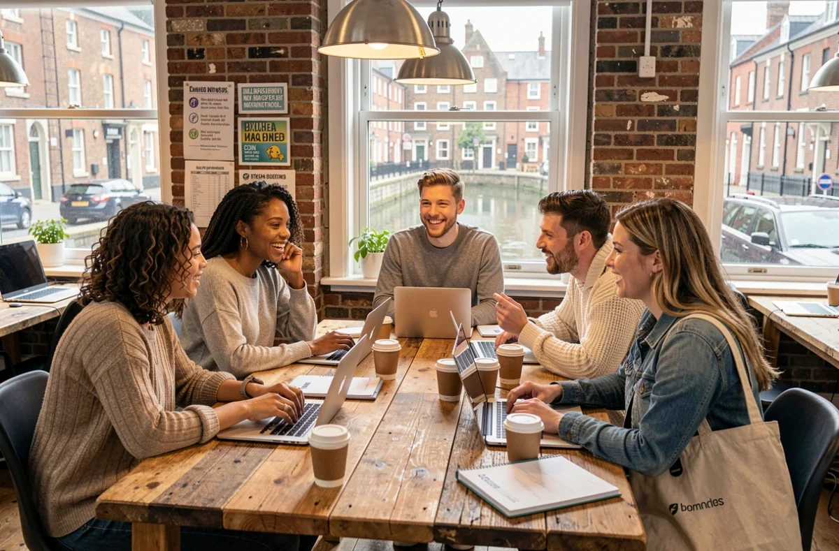 Groupe de jeunes professionnels internationaux dans un espace de coworking dublinois, reflet de la diversit&eacute; et de la croissance d&eacute;mographique de Dublin