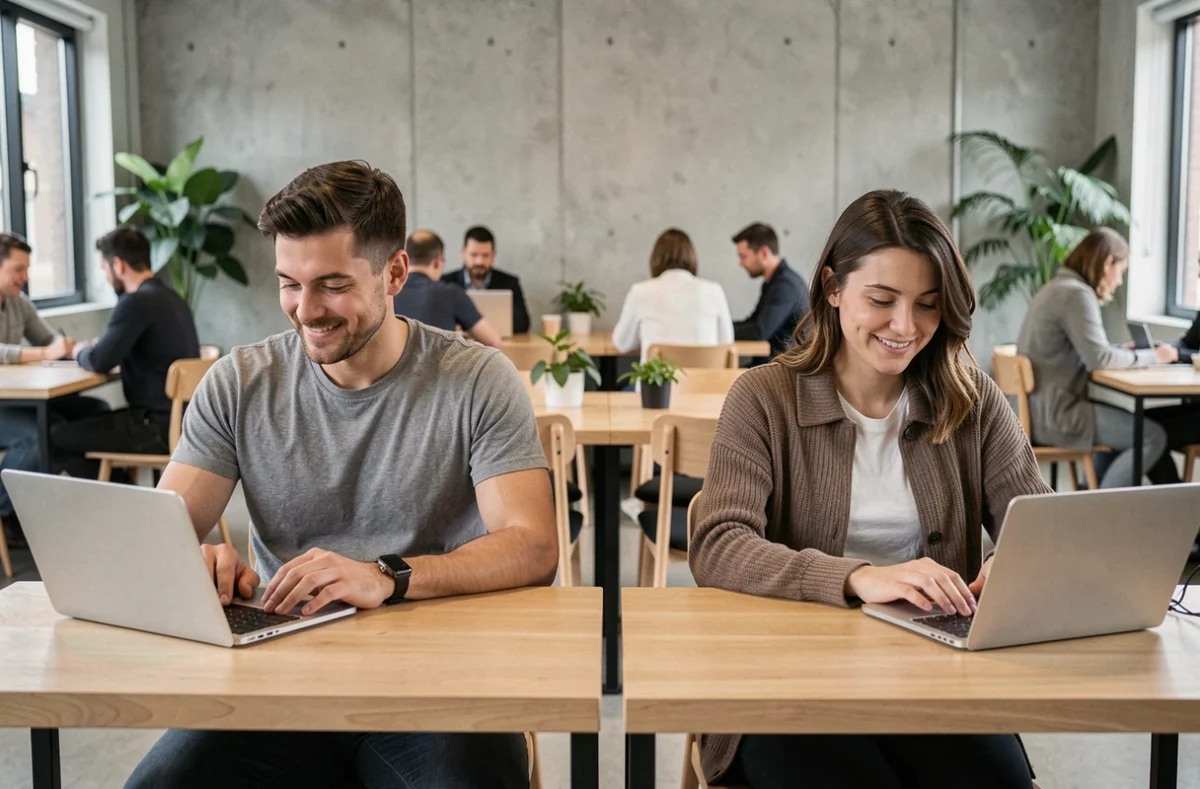 Deux personnes dans un espace de coworking parisien r&eacute;digeant chacune leur premier message sur un site de rencontre gratuit