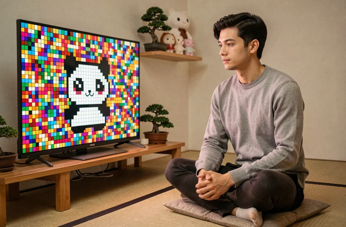 Jeune homme cr&eacute;ant un pixel art kawaii de panda sur grand &eacute;cran dans une pi&egrave;ce au style japonais minimaliste