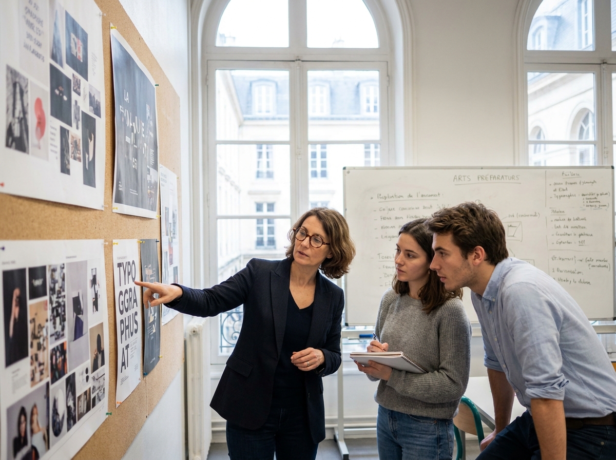 Professeure et &eacute;tudiants en mise &agrave; niveau arts appliqu&eacute;s lors d'une critique de projets graphiques &eacute;pingl&eacute;s sur un mur dans une &eacute;cole pr&eacute;paratoire fran&ccedil;aise