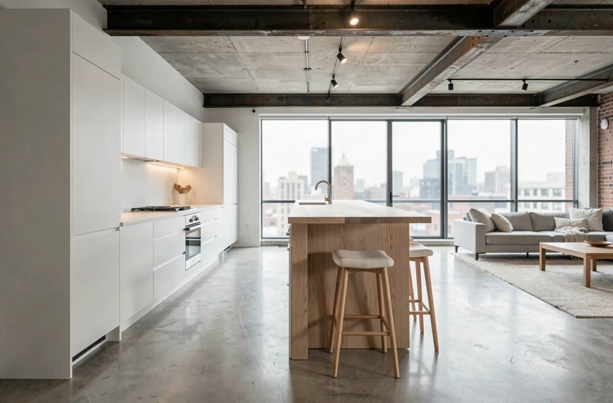 Cuisine blanche et bois int&eacute;gr&eacute;e dans un loft ouvert avec bar en fr&ecirc;ne et sol en b&eacute;ton cir&eacute;