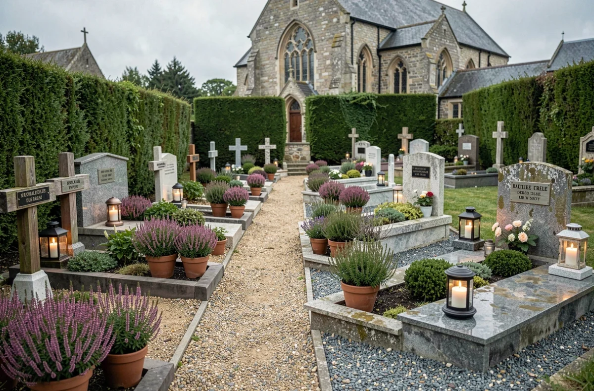 Vue large d'un cimeti&egrave;re avec plusieurs tombes sobrement d&eacute;cor&eacute;es de bruy&egrave;res en pot, lanternes solaires et plaques grav&eacute;es &agrave; petit budget