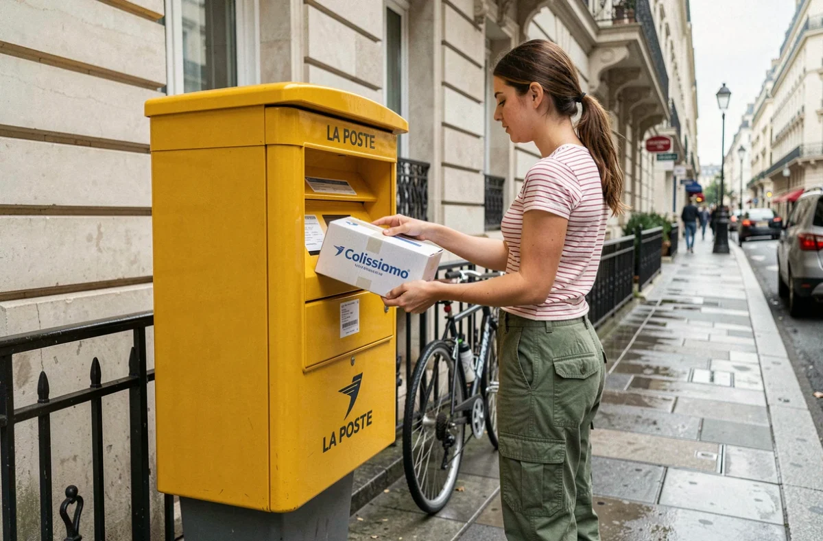 Jeune femme déposant un colis Colissimo dans une boîte aux lettres jaune La Poste dans la rue à Paris