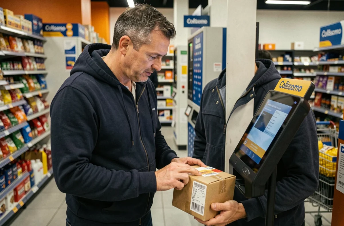 Homme déposant un colis Colissimo à un point relais en supermarché via une borne automatique