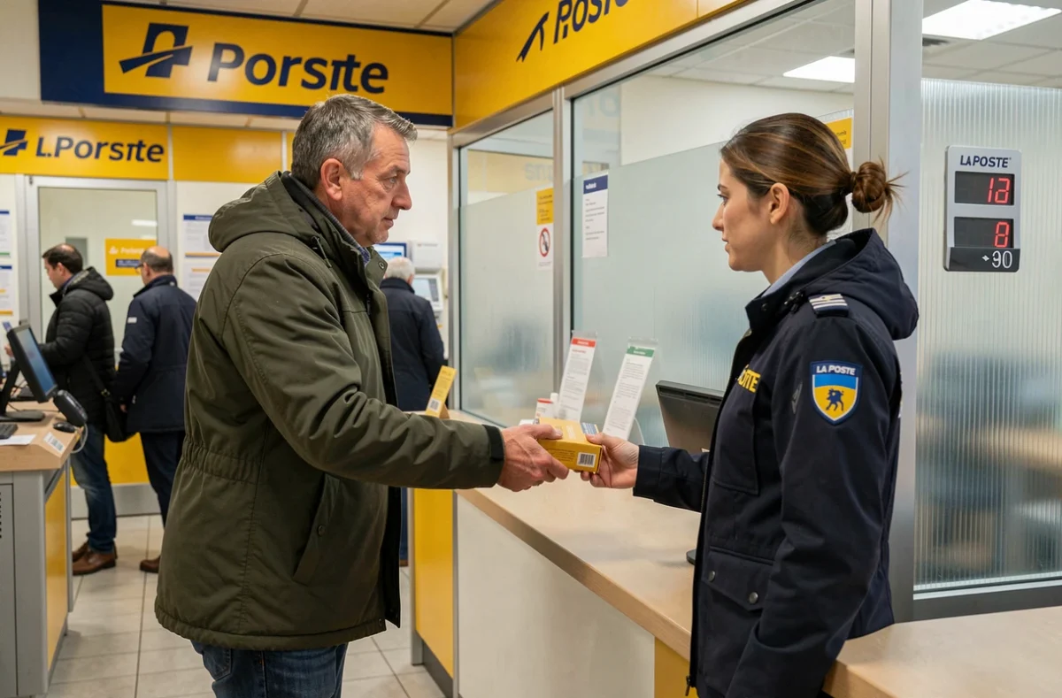 Client déposant un colis de retour au guichet d'un bureau de La Poste avec un employé en uniforme