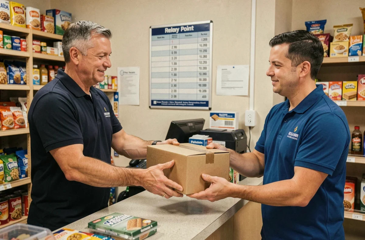 Client déposant un colis carton au comptoir d'un point relais Mondial Relay avec un employé en polo bleu, illustrant le dépôt de colis en relais
