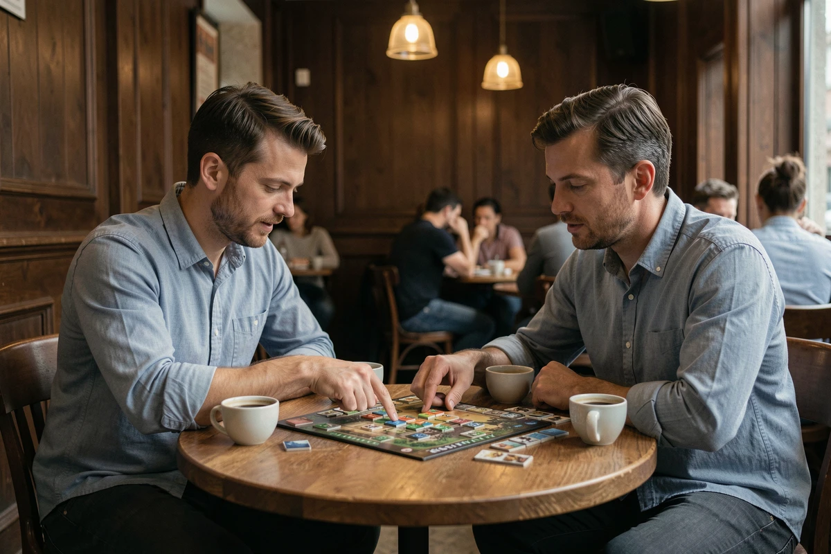 Deux hommes adultes jouant à Cimentix dans un café, discutant de stratégie lors d'une première partie
