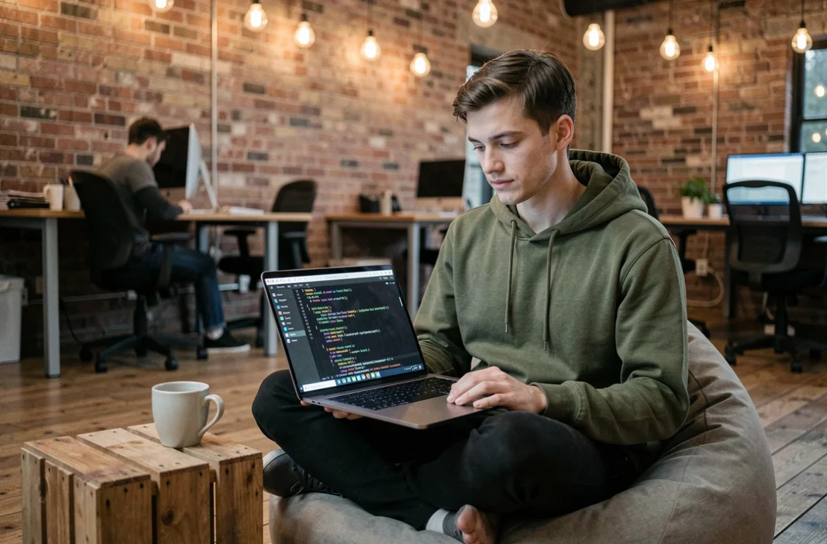 Jeune d&eacute;veloppeur comparant des versions de logiciels de scan r&eacute;seau sur son laptop dans un espace de co-working au style industriel, r&eacute;f&eacute;rence &agrave; epsilon scan soft