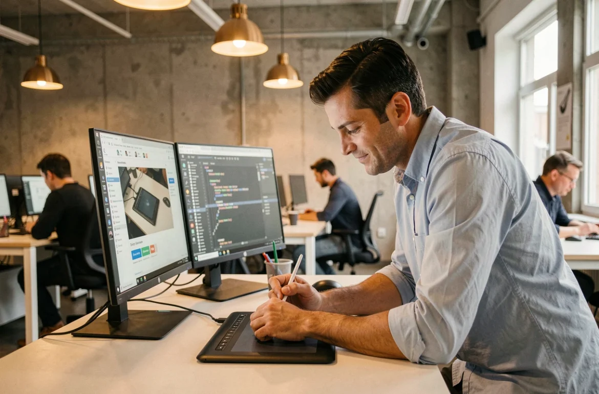 Développeur intégrant des images web sur un poste de travail double écran dans un bureau moderne en open space