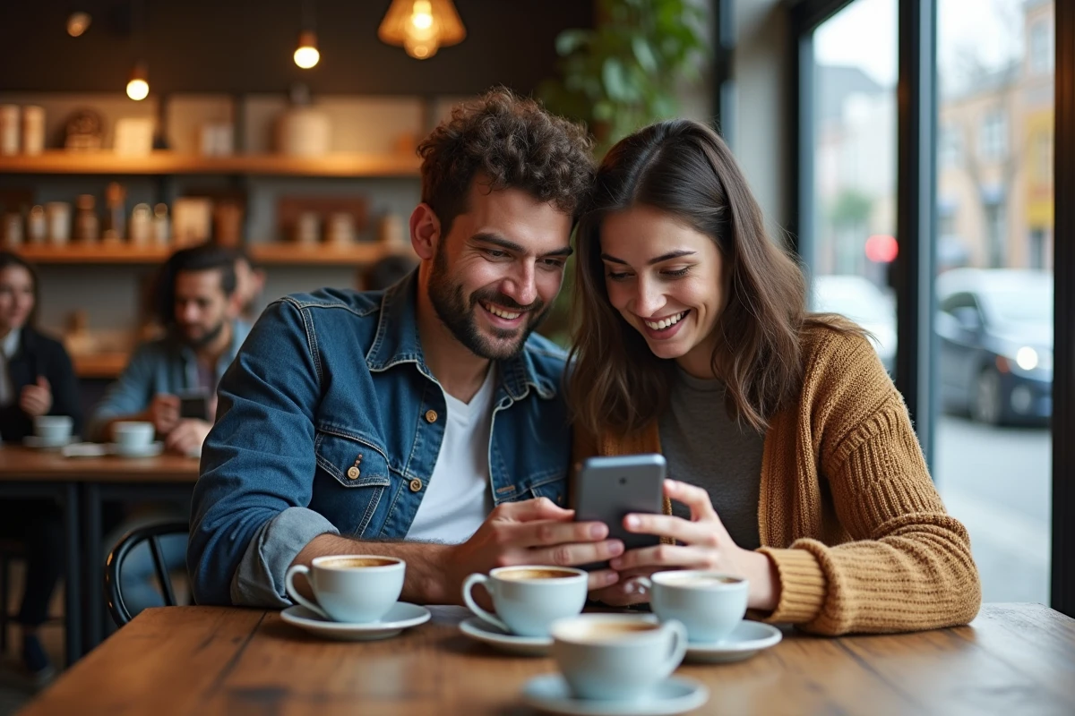 Deux adultes discutant de sites de lecture manga sur smartphone dans un café urbain