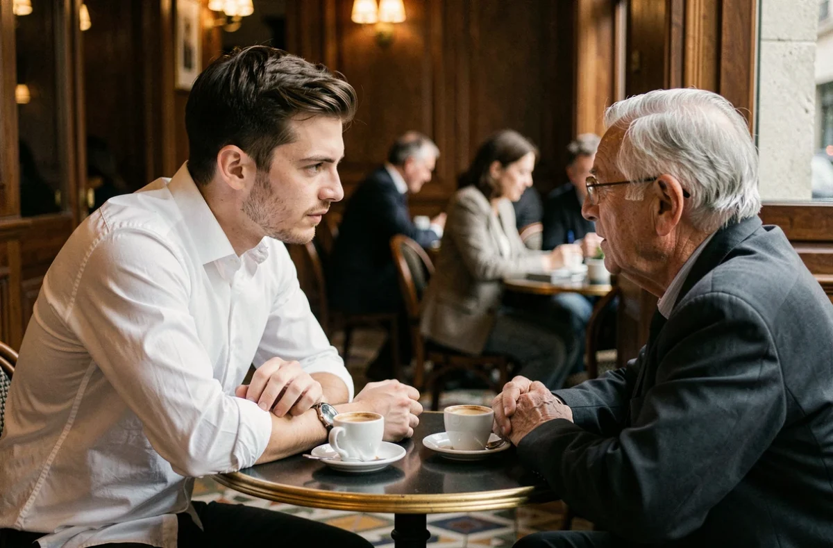 Jeune responsable politique en discussion priv&eacute;e et informelle dans un caf&eacute; parisien, loin de son image soign&eacute;e sur les r&eacute;seaux sociaux