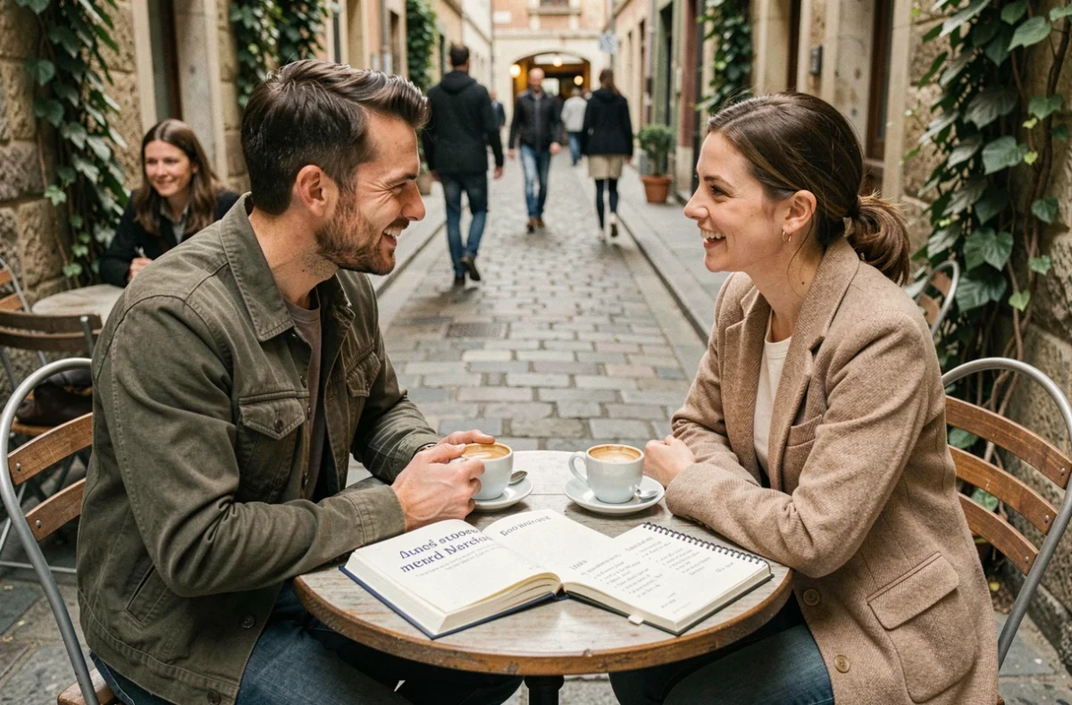 Deux personnes discutant de la traduction italienne antifasciste autour d'un livre bilingue dans un caf&eacute; europ&eacute;en