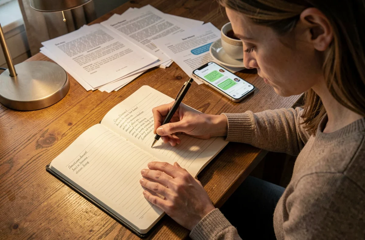 Femme notant soigneusement des &eacute;changes dans un carnet &agrave; c&ocirc;t&eacute; de son t&eacute;l&eacute;phone, illustrant la documentation &eacute;crite des &eacute;changes