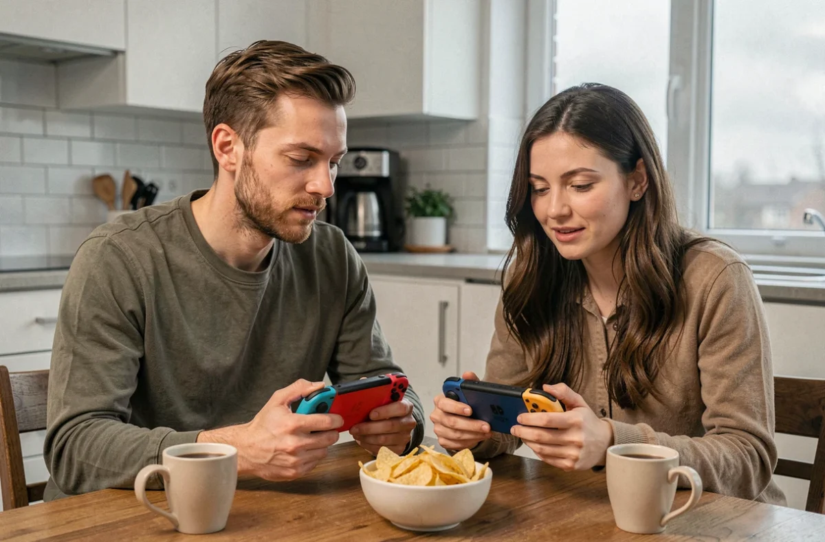 Deux adultes jouant chacun &agrave; Pok&eacute;mon sur leur Nintendo Switch autour d'une table de cuisine moderne un jour de weekend