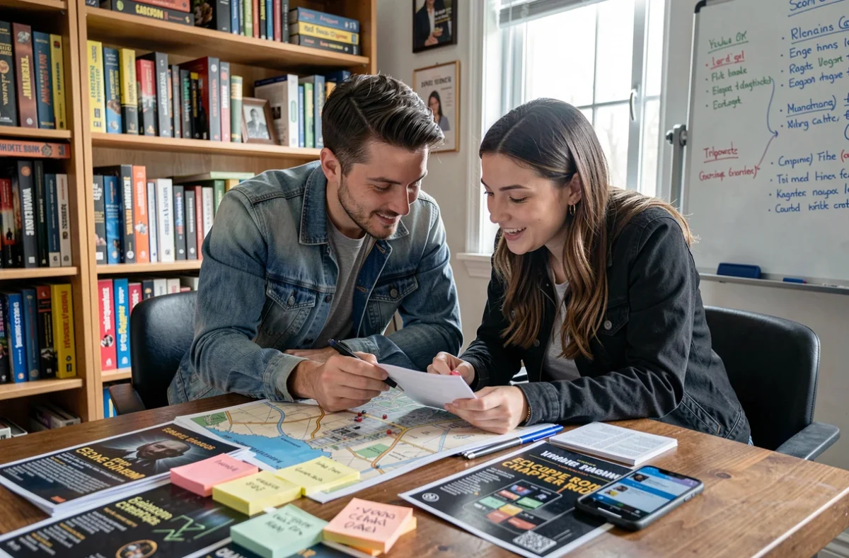 Deux adultes consultant un guide de soluce Rooms and Exits sur une table couverte de notes et de plans imprimés