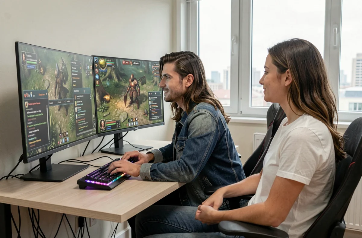 Deux joueurs adultes en coop&eacute;ration sur un MMORPG fantasy, illustrant une m&eacute;thode rapide et safe pour r&eacute;soudre la crise sanitaire dans Dofus en 2026