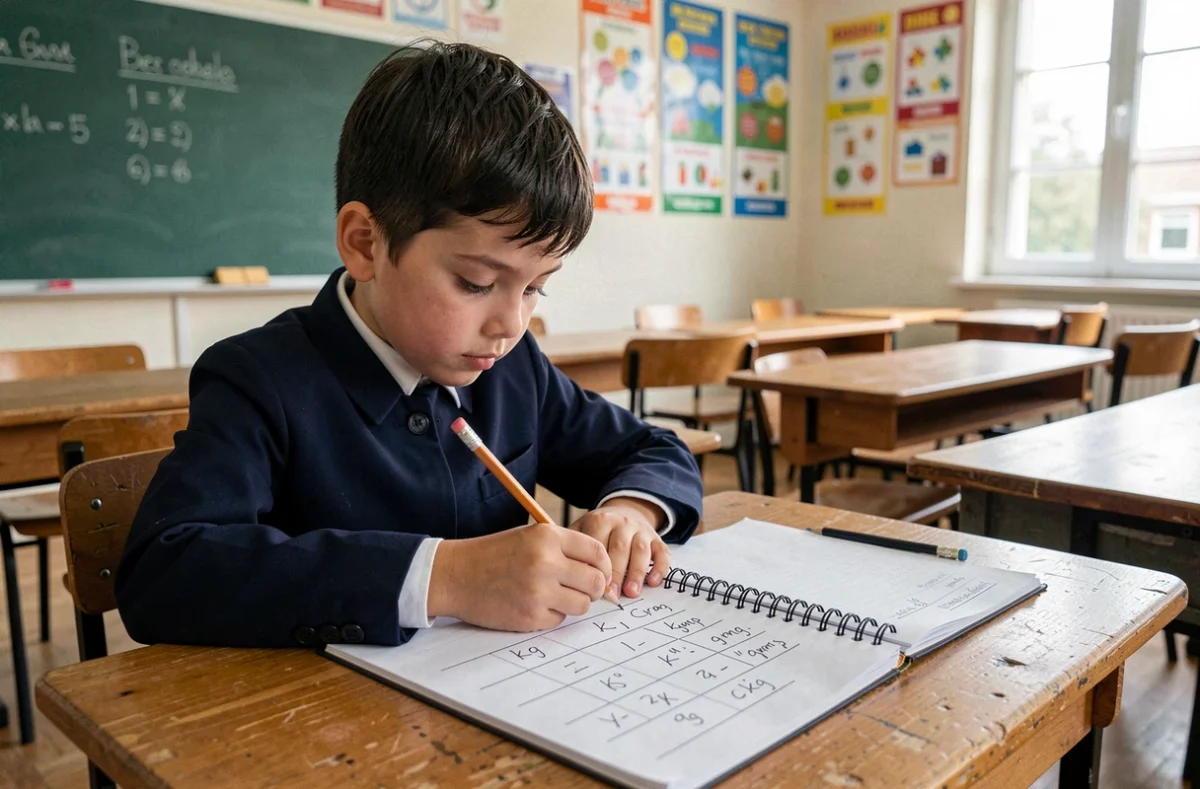 Écolier écrivant un tableau de conversion kilogrammes en grammes dans un cahier scolaire