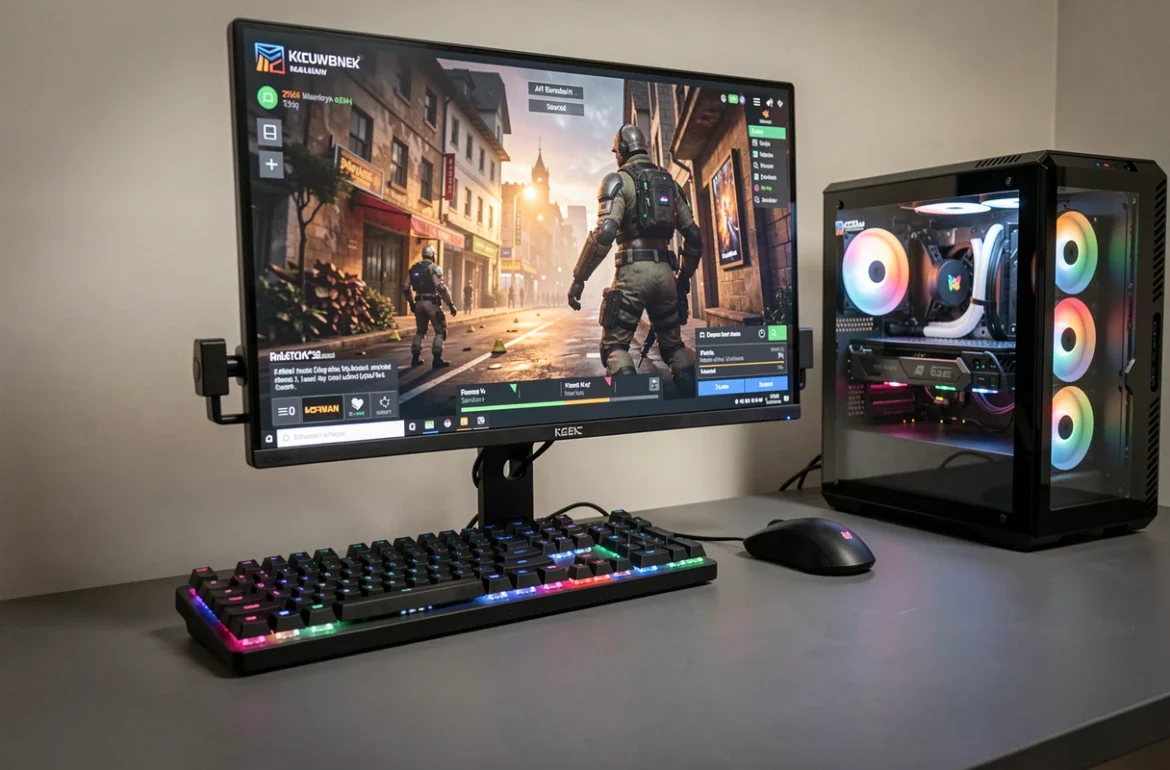 &Eacute;cran gaming 24 pouces sur bras articul&eacute; au-dessus d'un bureau de joueur PC bien organis&eacute;