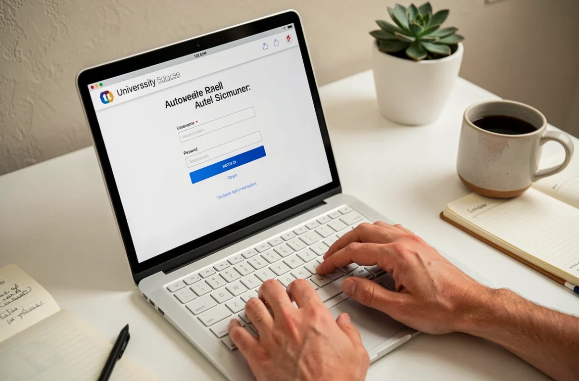 Gros plan sur un &eacute;cran de connexion au portail &eacute;tudiant Eduline Lille avec clavier et bureau minimaliste