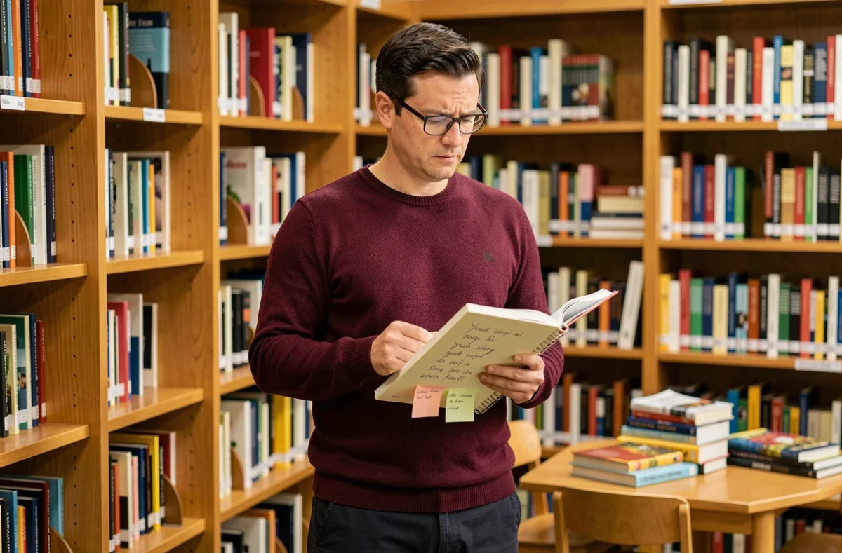 &Eacute;ducateur masculin consultant un carnet de notes sur les expressions des jeunes dans une biblioth&egrave;que scolaire