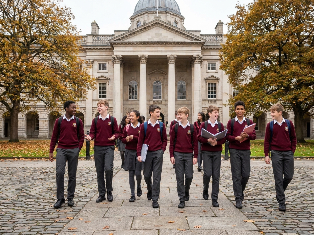 Groupe d'&eacute;l&egrave;ves en uniforme traversant la cour en pierre d'un campus d'&eacute;cole priv&eacute;e internationale en Europe en automne
