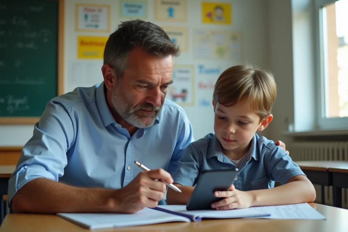 Enseignant aidant un &eacute;l&egrave;ve dyslexique &agrave; utiliser un outil de correction orthographique sur smartphone en classe